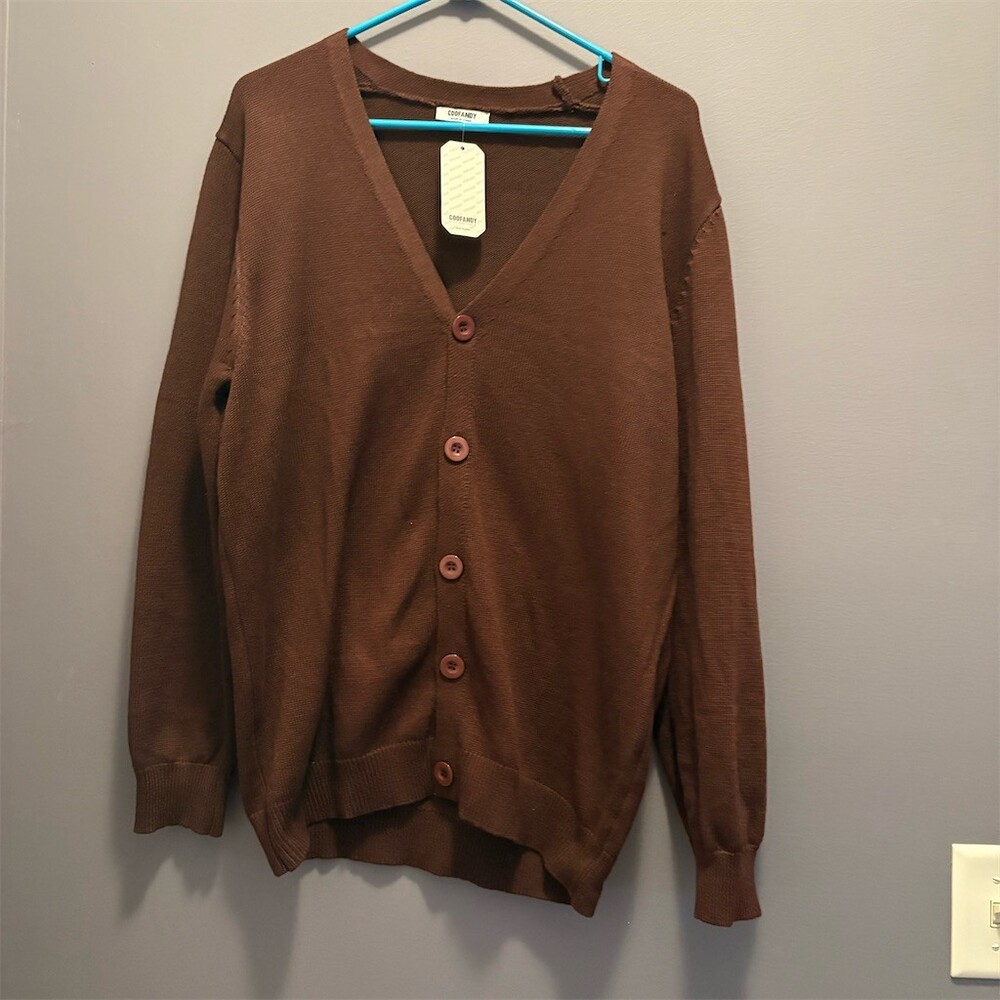 COOFANDY Men's Cardigan Sweater Size L Dark Brown Button Front V-Neck
